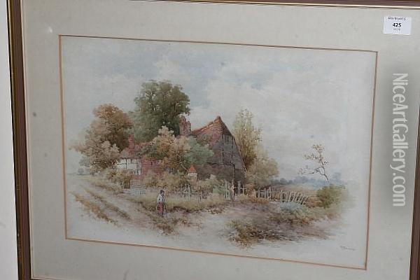 Figures By A Cottage Oil Painting - Stephen J. Bowers