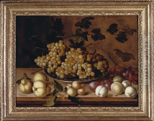 Still Life Of Pears, Peaches, Plums And Apricots Together With Grapes In A Pewter Dish On A Wooden Ledge Oil Painting - Balthasar Van Der Ast