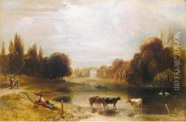 On The Thames Near Hampton Court Oil Painting - William Daniell RA