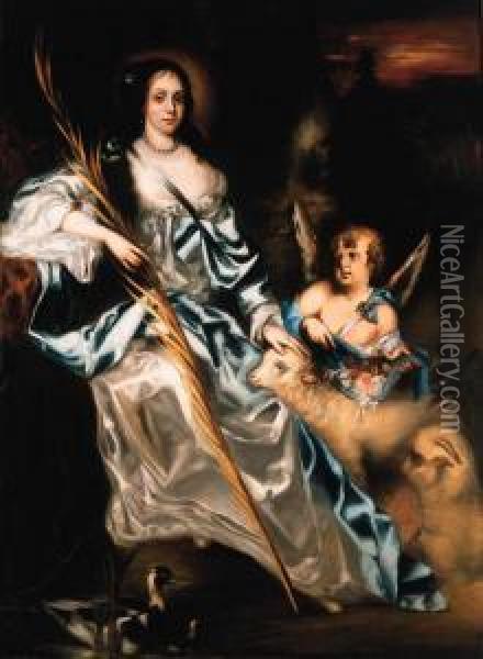 Portrait Of Queen Catherine Of 
Braganza As Saint Catherine,full-length, Holding A Palm Frond In Her 
Right Hand, Her Left Handresting On A Lamb With A Putto Strewing Flowers Oil Painting - Jacob Huysmans