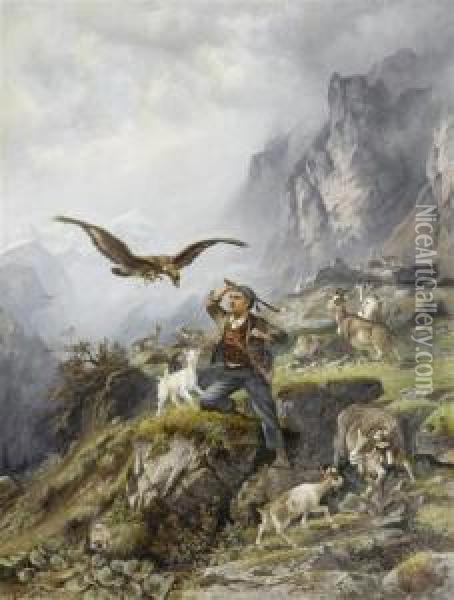 A Young Goatherd Defending His Goats From An Eagle Oil Painting - Franz Adolf C. Muller