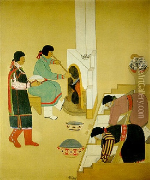 Indian Women Grinding And Drying Corn Oil Painting - Tonita Pena