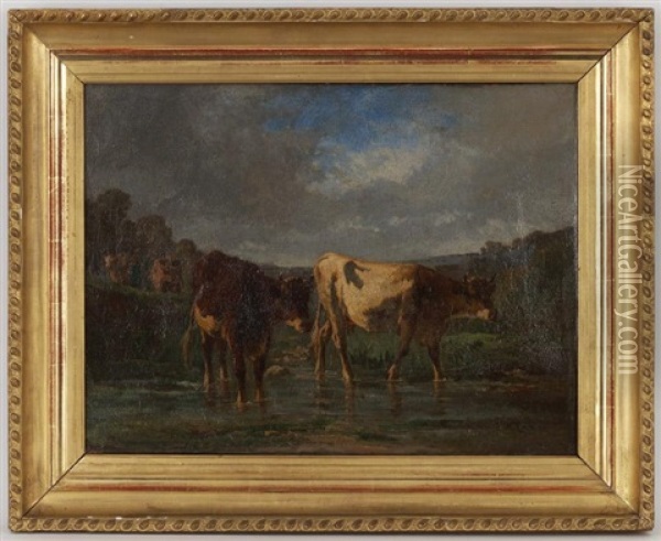Vaches, Mouton Et Paysan Dans Un Paysage (pair) Oil Painting - Antonio Cortes Cordero