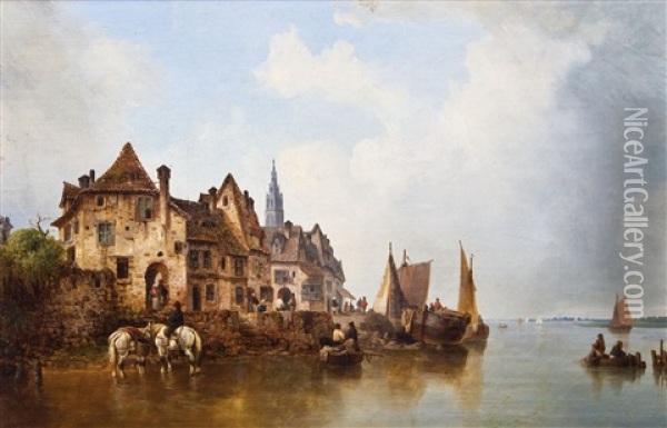 Hollandische Hafenpromenade Oil Painting - Ludwig Hermann
