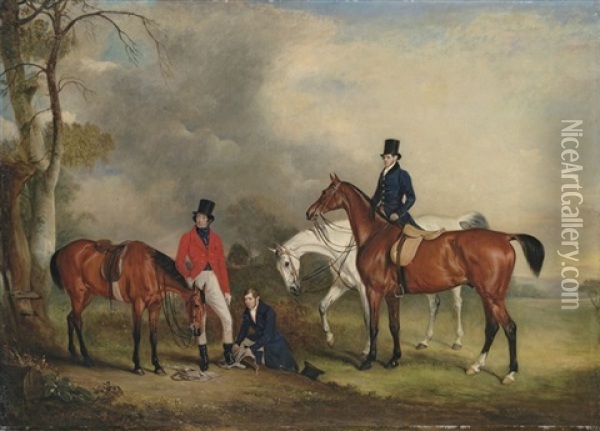 Portrait Of Captain James Ogilvy Fairlie Of Coodham In Hunting Dress, With His Grooms And His Hunters Oil Painting - John E. Ferneley