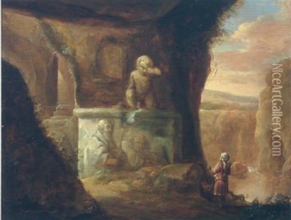 A Huntsman And His Dog In A Cave By Classical Ruins, A River Beyond Oil Painting - Charles Cornelisz de Hooch