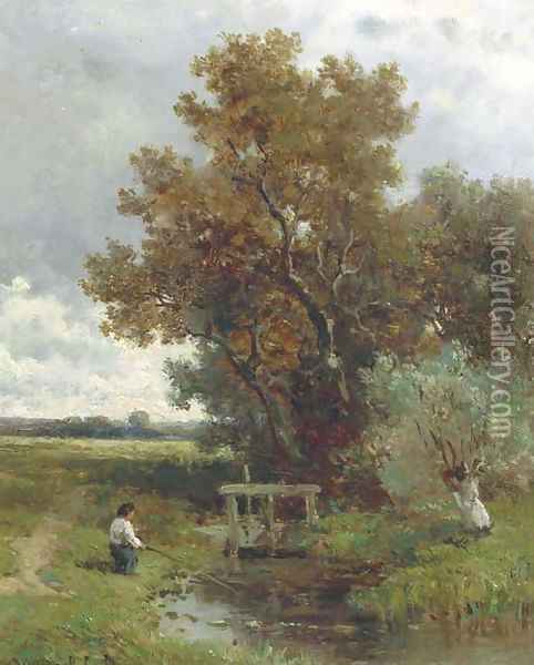 An angler in an autumn landscape Oil Painting - Willem Roelofs