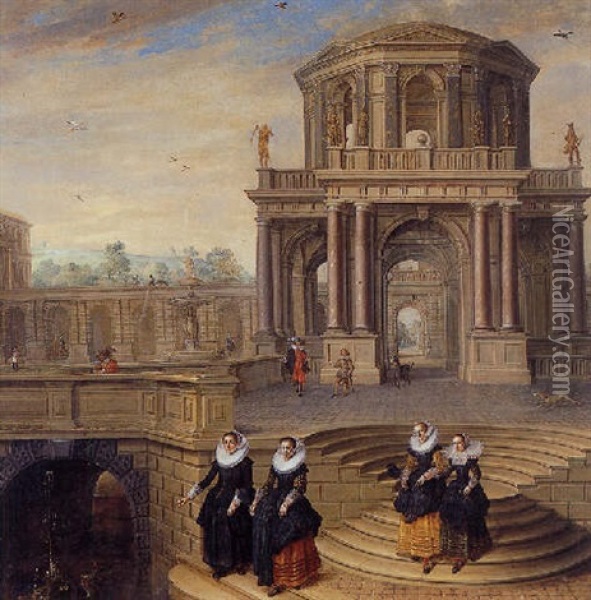 A Capriccio Of A Baroque Palace With Elegant Figures Oil Painting - Dirck Van Delen