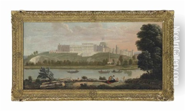 View Of Windsor Castle From The North, With Figures Boating On The River Thames And Bathers On The Bank Oil Painting - Hendrick Danckerts