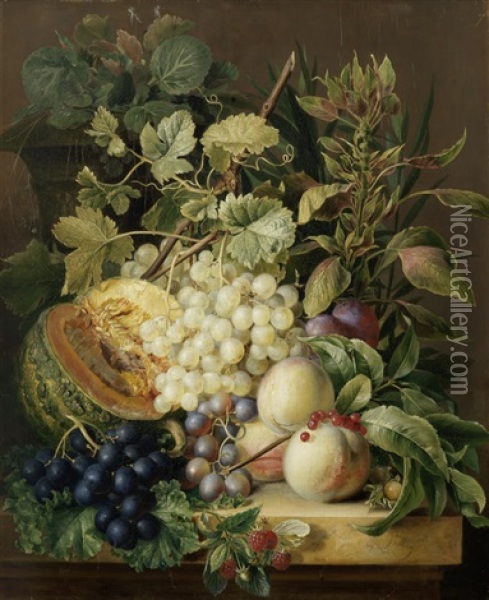 Still Life Of Grapes, Prunes, A Melon And Strawberries Oil Painting - Anton Weiss