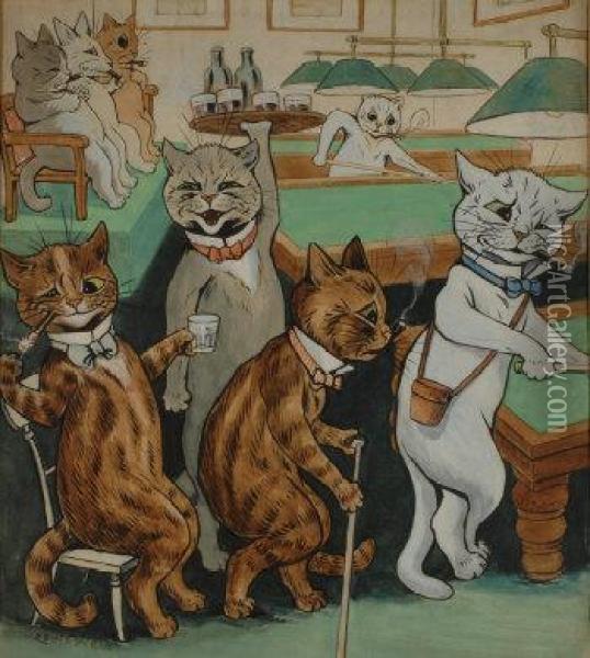 Snooker Hall With Catsplaying Oil Painting - Louis William Wain
