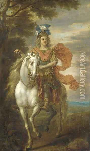 An equestrian portrait, possibly of Johann William, Elector Palatine (1658-1716) Oil Painting - Adam Frans van der Meulen