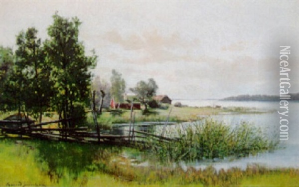 Svenskt Insjandskap Med Roda Stugor Oil Painting - Konrad Simonsson