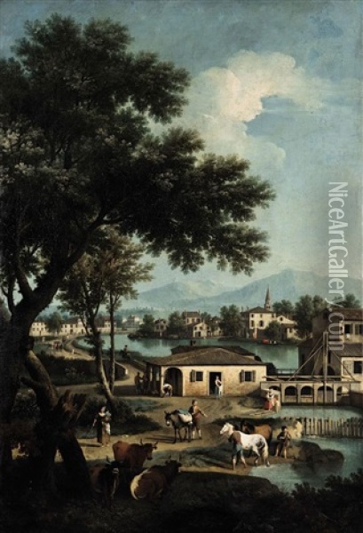 Paesaggio Del Brenta Alla Chiusa Di Dolo Oil Painting - Giovanni Battista Cimaroli