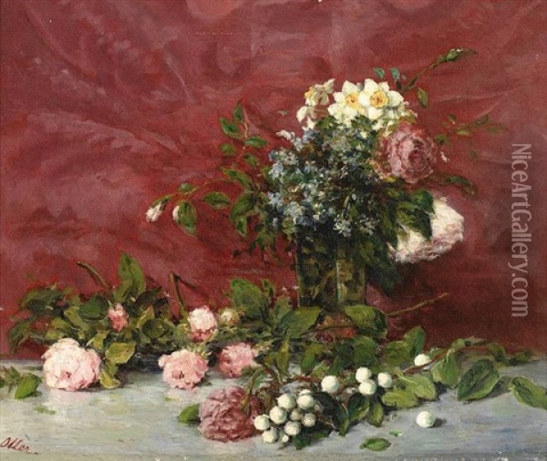Blumenstilleben Mit Rosen, Narzissen Etc. Vor Rotem Tapetenhintergrund Oil Painting - Francisco Manuel Oller y Cestero