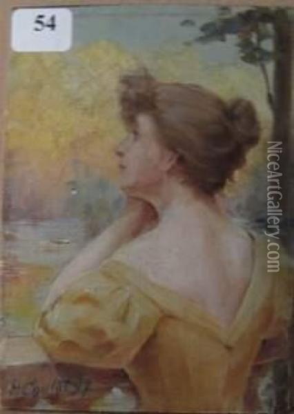 Portrait De Jeune Femme Accoudee A Une Balustrade Regardant Le Paysage Oil Painting - Hyppolite Coutau