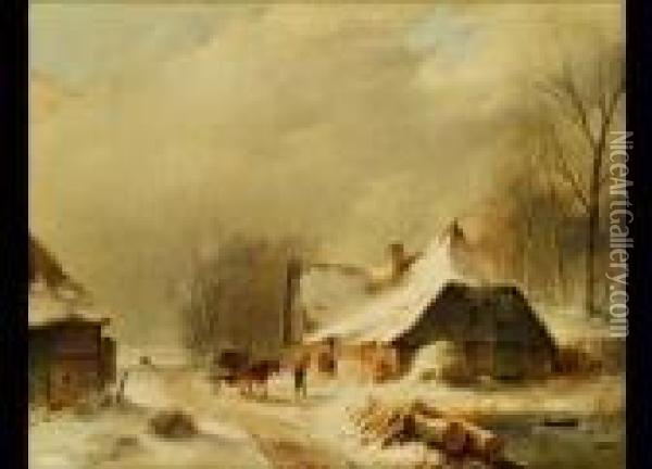 Winterlandschaft Mit Pferdefuhrwerk Vor Einem Verschneiten Bauernhaus Oil Painting - Andreas Schelfhout