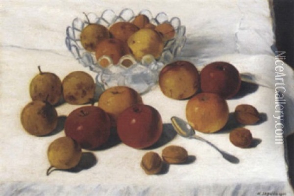 Apples And Walnuts On A Draped Table Oil Painting - Armand Seguin