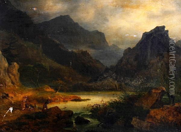 A Mountainous Landscape With Two Sportsmen Shooting Duck Oil Painting - Julius Caesar Ibbetson