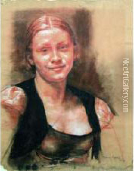 Jeune Femme Au Bolero Noir. Oil Painting - France Leplat