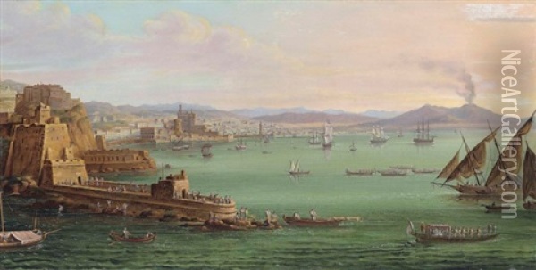 The Bay Of Naples With The Castel Dell'ovo, The Vesuvius Beyond Oil Painting - Richard Bankes Harraden