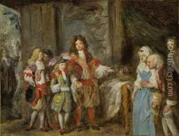Elegant Figures In An Interior With Peasants, A Groom And Horse Beyond Oil Painting - Jean Baptiste Greuze