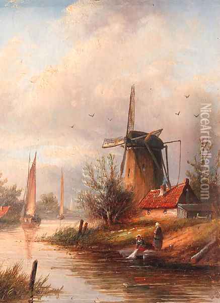 River landscape with a mill Oil Painting - Jan Jacob Coenraad Spohler