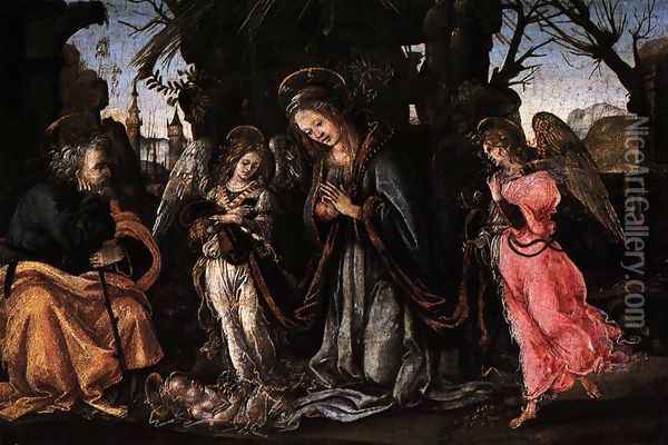 The Nativity with Two Angels c. 1490 Oil Painting - Filippino Lippi