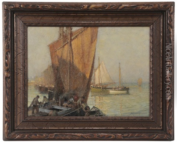 Harbour Of St. Pierre Or St. Ives Oil Painting - Frederick J. Mulhaupt