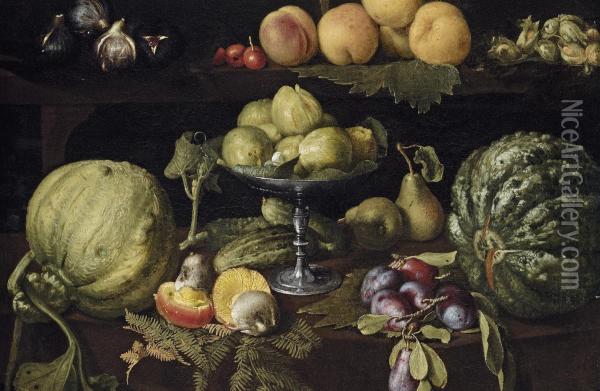 Figs On A Tazza, With Pears, Quinces, Melons, Plums, Mushrooms On Atable, With Figs, Cherries, Peaches, And Acorns On A Ledgeabove Oil Painting - Giovanni Battista Crescenzi