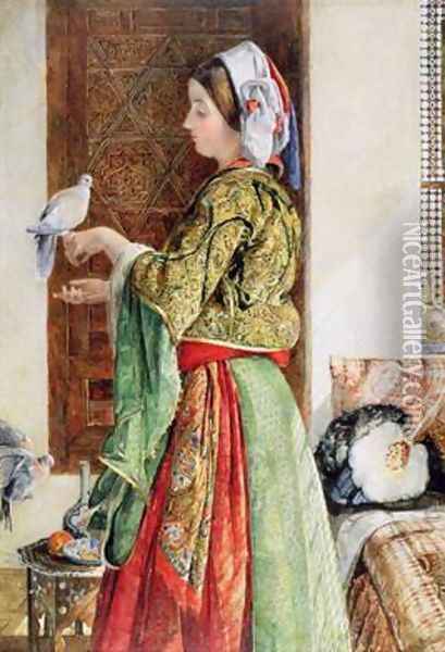 Girl with Two Caged Doves Cairo Oil Painting - John Frederick Lewis