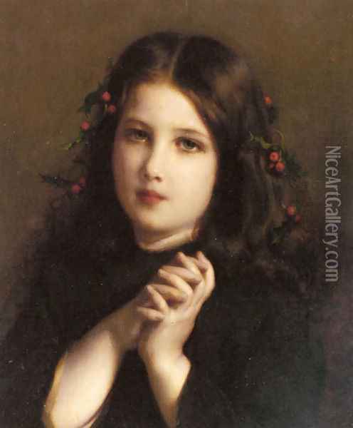 A Young Girl with Holly Berries in her Hair Oil Painting - Etienne Adolphe Piot