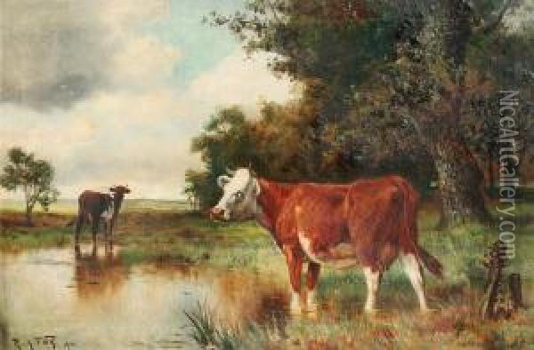 Cows Watering At A Stream While A Storm Approaches Oil Painting - Robert Atkinson Fox