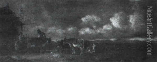 Viehherde Vor Einem Bauernhof Oil Painting - Heinrich Buerkel