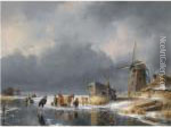 A Winter Scene With Figures And A Horse Sledge By A Mill Oil Painting - Andreas Schelfhout