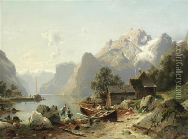 A Mountain Lake Oil Painting - Johannes Bartholomaeus Duntze