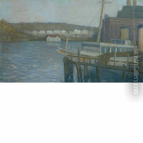 Wharf With Sailboat And Village Oil Painting - Aaron Harry Gorson