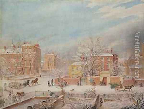 Marylebone Road at the Junction with Lisson Grove and Stingo Lane Showing the Philological School in Winter Oil Painting - T. Paul Fisher
