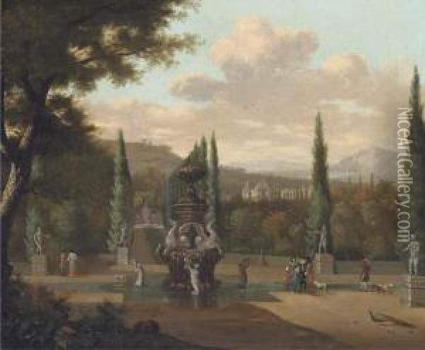 Elegant Figures Walking In The Garden Of A Palace Oil Painting - Josua de Grave