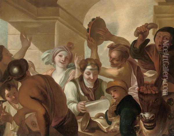 Revellers Making Music Under An Arch Oil Painting - Gaspare Traversi