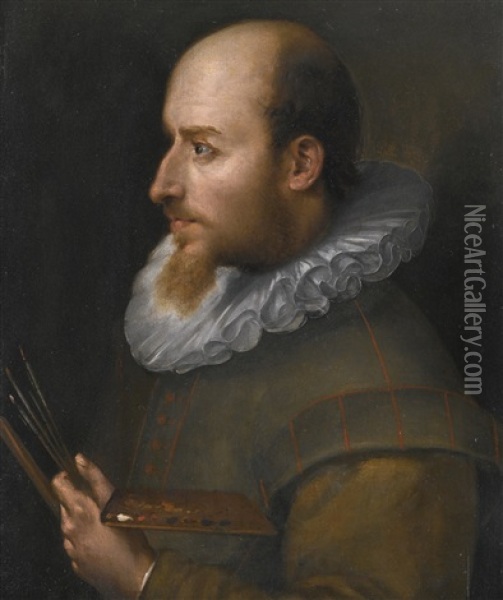 Portrait Of An Artist In Profile, Half-length, Holding Brushes And A Palette Oil Painting - Gortzius Geldorp