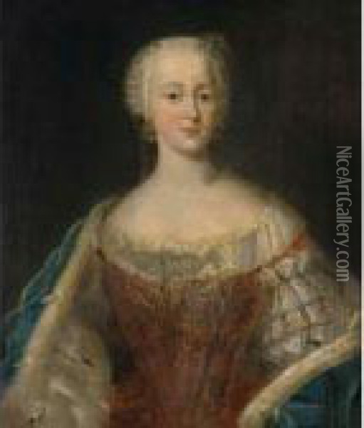 A Portrait Of A Lady Of 
Electoral Title, Half Length, Wearing A Red Dress With A Blue 
Ermine-lined Cloak Oil Painting - Antoine Pesne