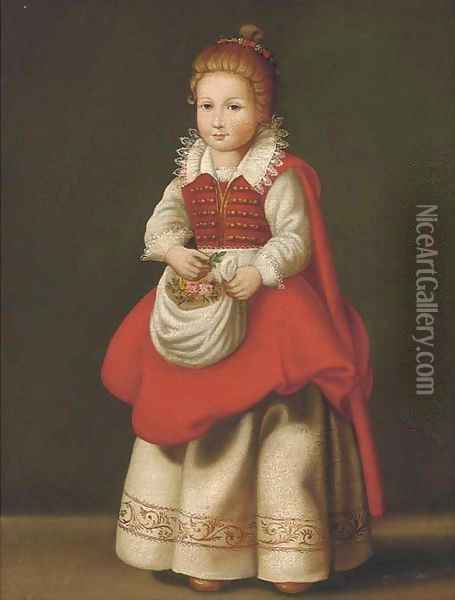 Portrait of a young girl, full-length with flowers in her apron Oil Painting - Cornelis De Vos