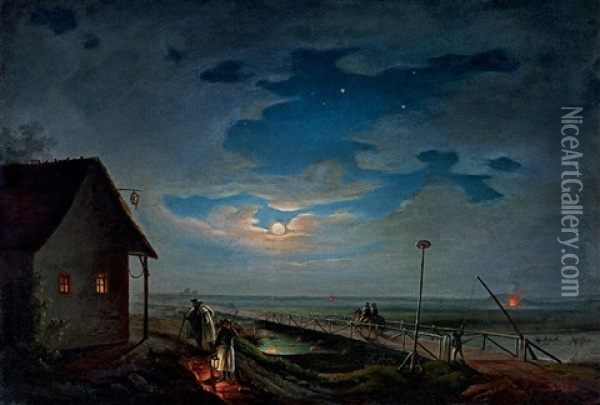 Evening Rest In Hungary By Moonlight (the Toll By Szolnok) Oil Painting - Janos Janko