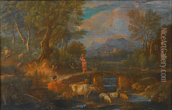 An Italianate Landscape With A 
Young Woman Crossing A Bridge And A Drover Watering His Cattle And Sheep
 At A Stream Oil Painting - Pieter the Younger Mulier