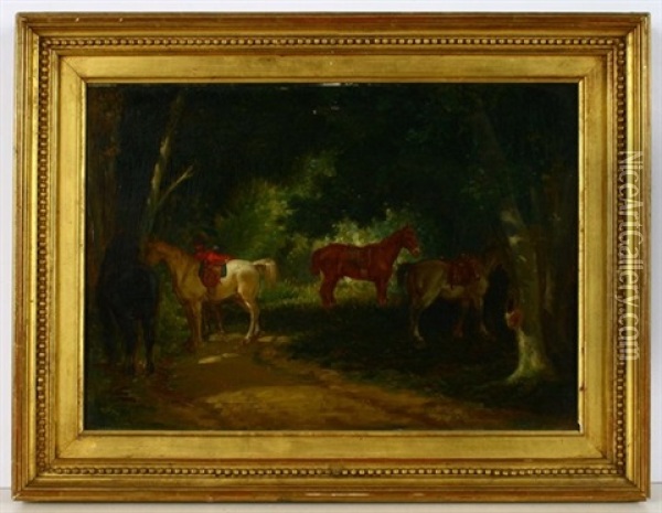 Pause Wahrend Der Jagd, Pferde Und Jager Auf Einer Waldlichtung Oil Painting - August Xaver Carl von Pettenkofen