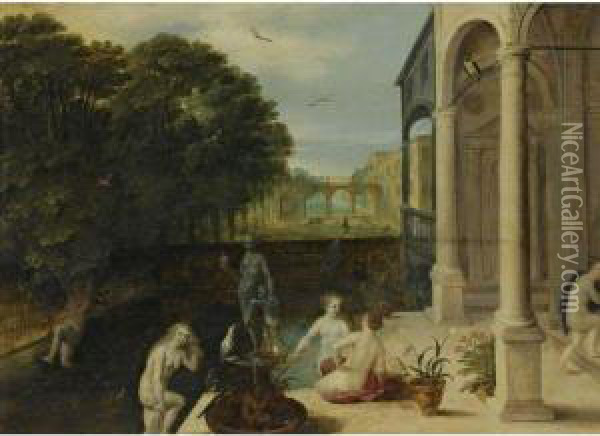 Nymphs Bathing In A Classical Garden Setting Oil Painting - Adriaan van Stalbemt