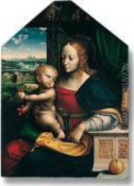 ``the Madonna Of The Cherries': 
The Madonna And Child Seated At A Window, The Christ Child Holding 
Bunches Of Cherries, An Apple In The Foreground, With An Extensive 
Landscape Beyond Illustrating The Miracle Of The Corn Oil Painting - Joos Van Cleve