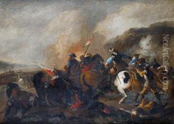 A Battle Scene With An Infantryman Lying On The Battlefield Oil Painting - Francesco Monti