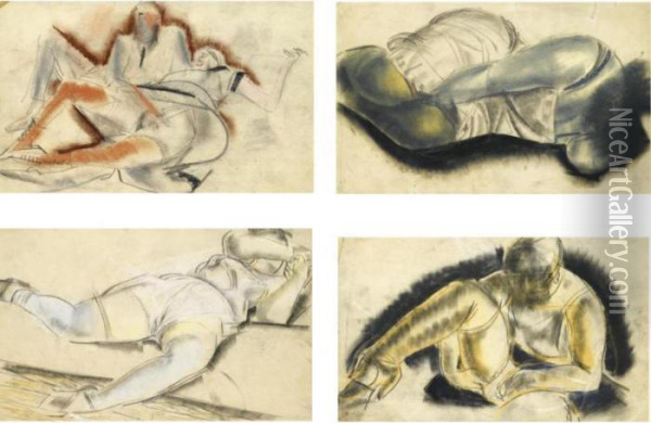 A Group Of 4 Erotic Drawings Oil Painting - Boris Dimitrevich Grigoriev